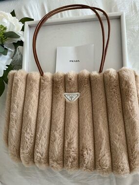 PRADA Authentic Plush Beige Faux Fur Tote.